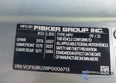 2023 Fisker Ocean Ultra из США, поврежденный, VIN VCF1UBU28PG006713